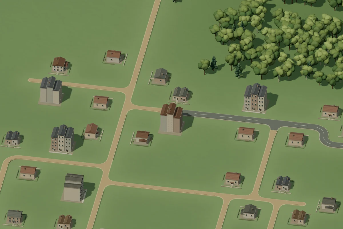 The homes and connected lanes of Waterfold village in Earth Haven.
